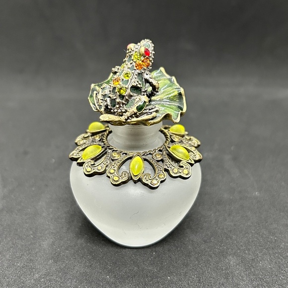 Frosted Glass Jeweled Frog Perfume Bottle empty 3.5" Tall 1.5" Wide - Picture 2 of 11